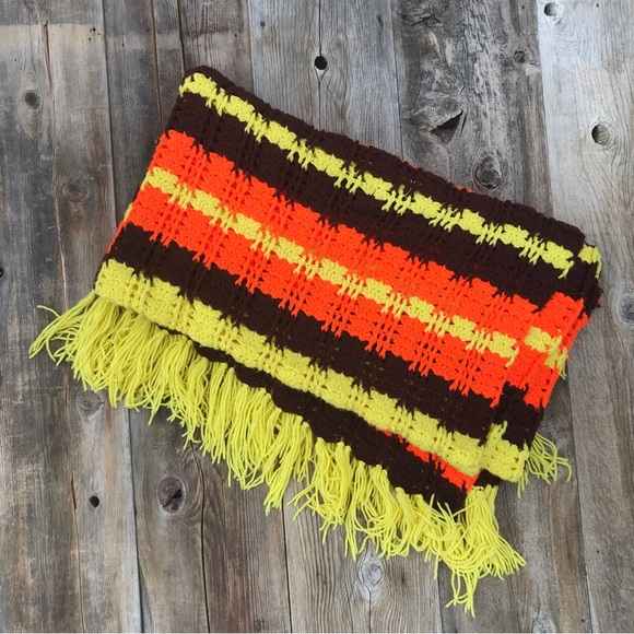 Vintage 1970s Striped Crochet Afghan Blanket with Fringe - Picture 4 of 5